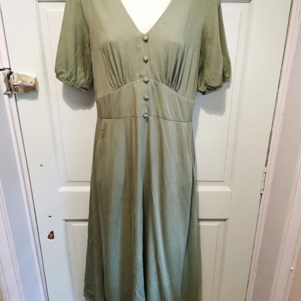 OASIS light khaki vintage style puff sleeve button front midi dress size 12